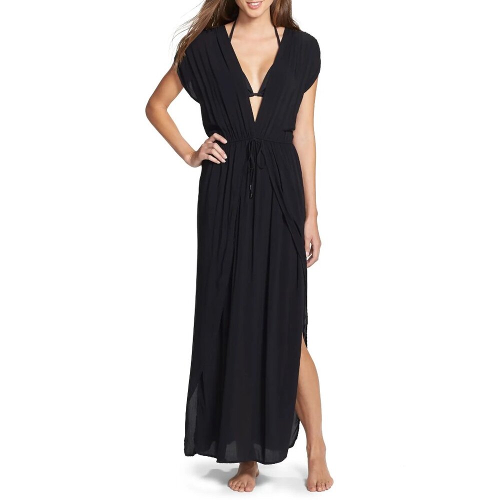 Elan Women's Deep V-Neck Cover-Up Maxi Dress Black Size Small B4HP